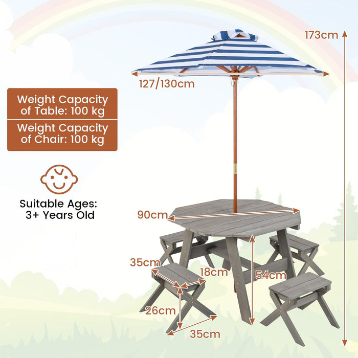 Wooden Kids Picnic Table Set with 4 Chairs and Adjustable Umbrella-