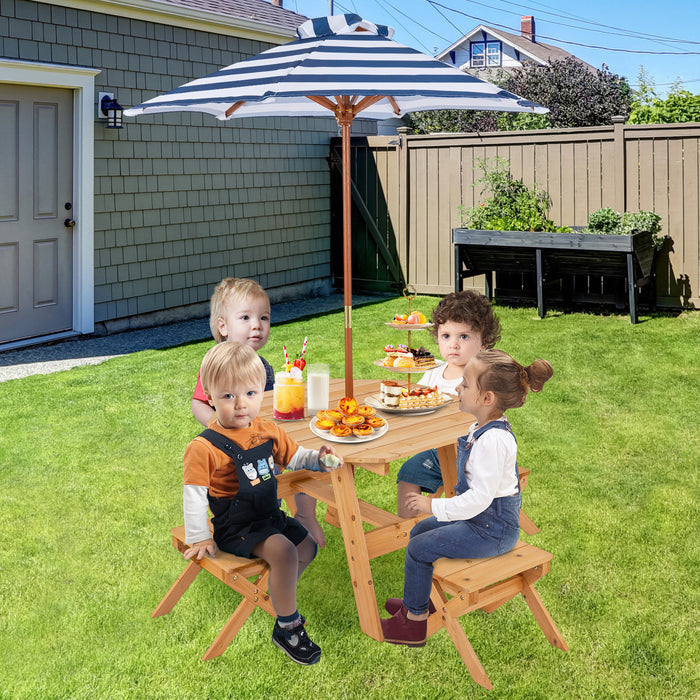 Wooden Kids Picnic Table Set with 4 Chairs and Adjustable Umbrella-