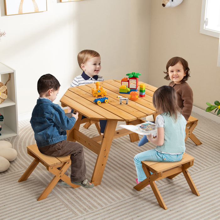 Wooden Kids Picnic Table Set with 4 Chairs and Adjustable Umbrella-