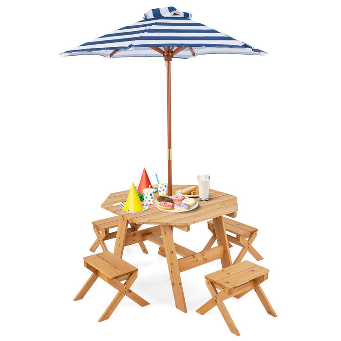 Wooden Kids Picnic Table Set with 4 Chairs and Adjustable Umbrella-