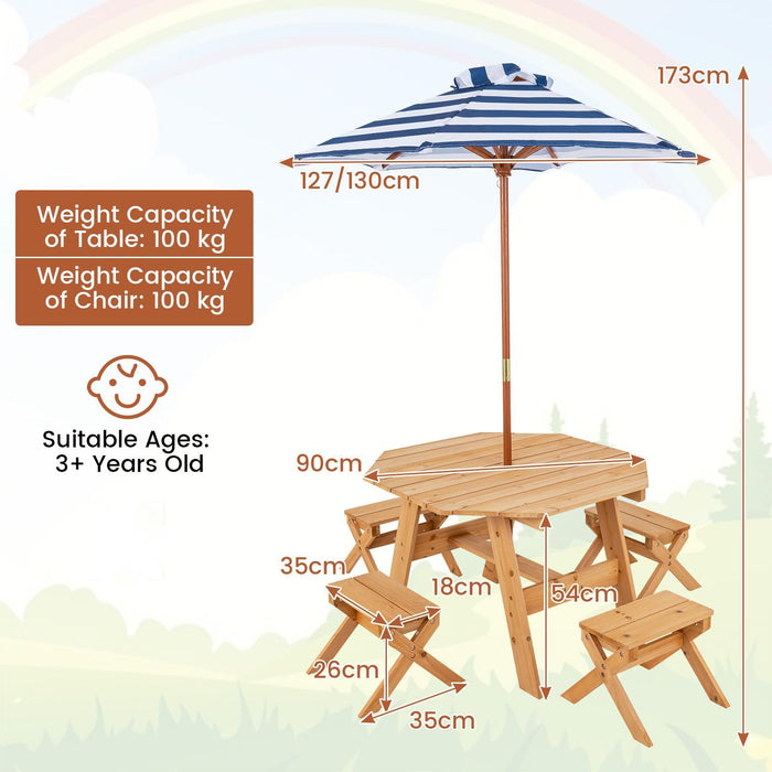 Wooden Kids Picnic Table Set with 4 Chairs and Adjustable Umbrella-