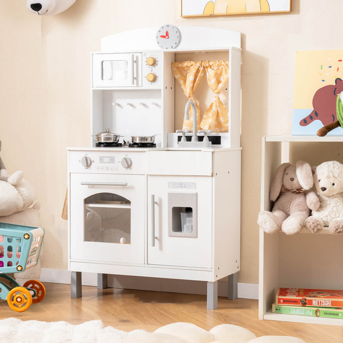 Wooden Play Kitchen for Kids with 3 Adjustable Heights with Stoves and Ice Maker-White
