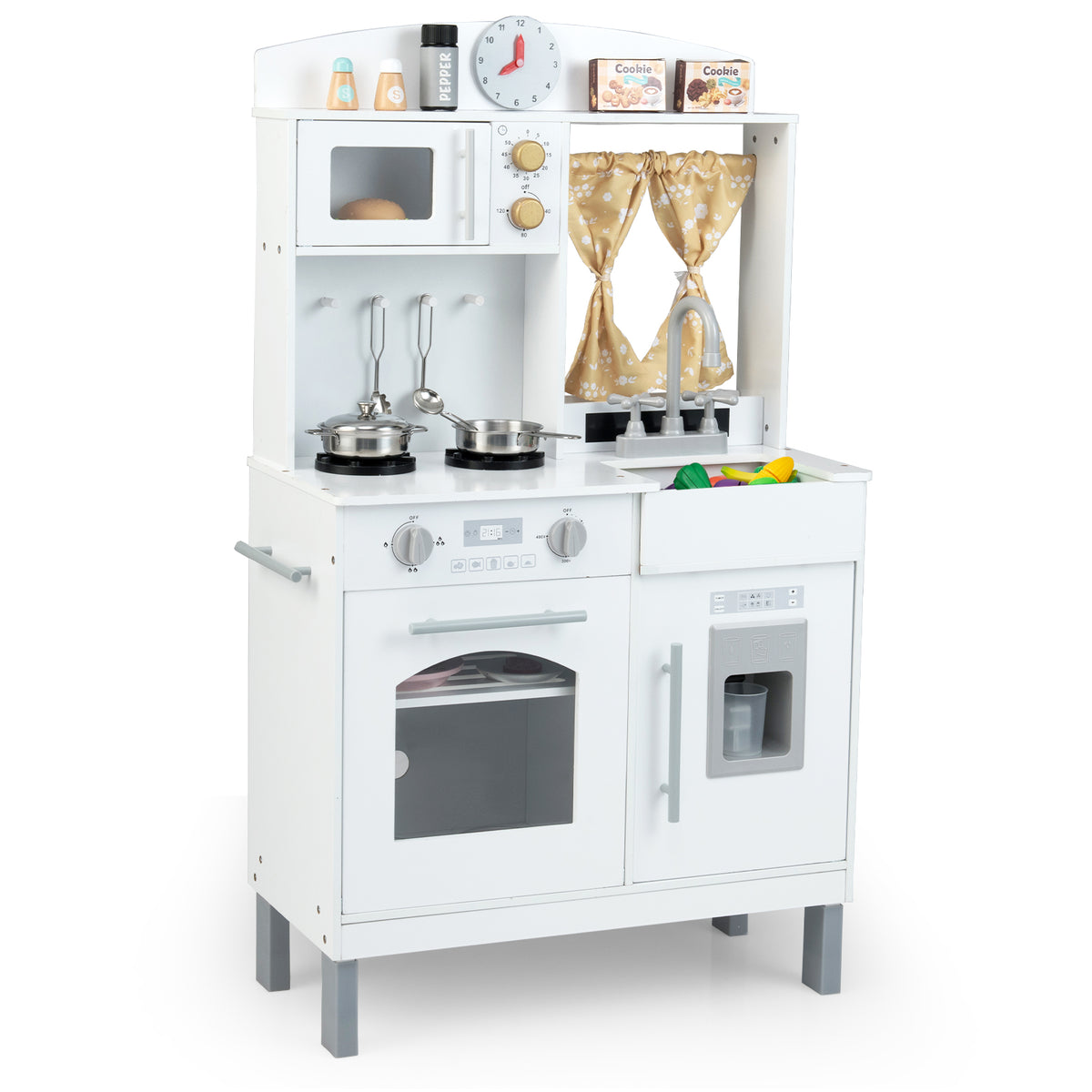 Wooden Play Kitchen for Kids with 3 Adjustable Heights with Stoves and Ice Maker-White