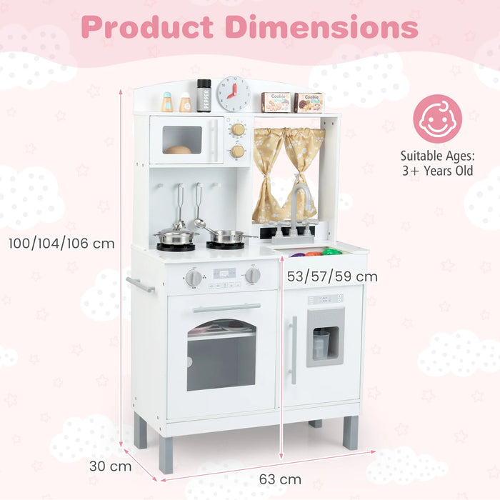 Wooden Play Kitchen for Kids with 3 Adjustable Heights with Stoves and Ice Maker-White