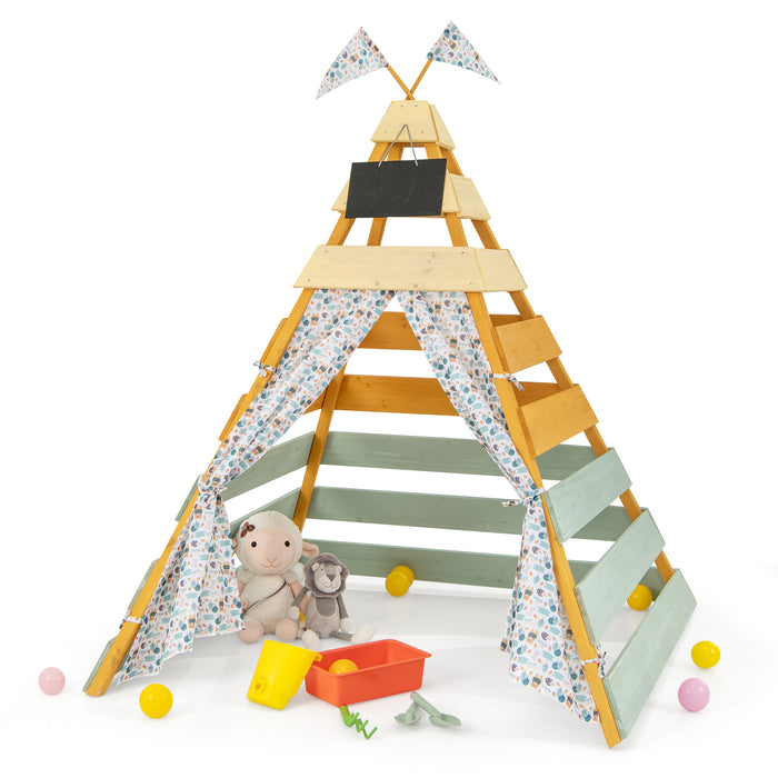 Wooden Play Tent - Kids Teepee Tent with Door Curtains - Ideal for Children Ages 3 and Up