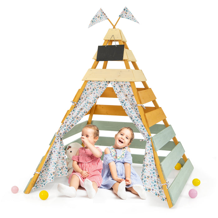 Wooden Play Tent - Kids Teepee Tent with Door Curtains - Ideal for Children Ages 3 and Up