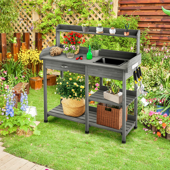 Grey Wooden Potting Bench with Drawer and Hooks - Versatile Gardening Station with Dry Sink - Ideal Solution for Green Thumbs and Home Gardeners