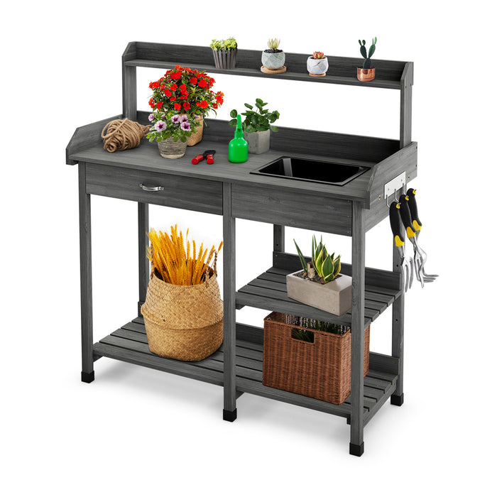 Grey Wooden Potting Bench with Drawer and Hooks - Versatile Gardening Station with Dry Sink - Ideal Solution for Green Thumbs and Home Gardeners