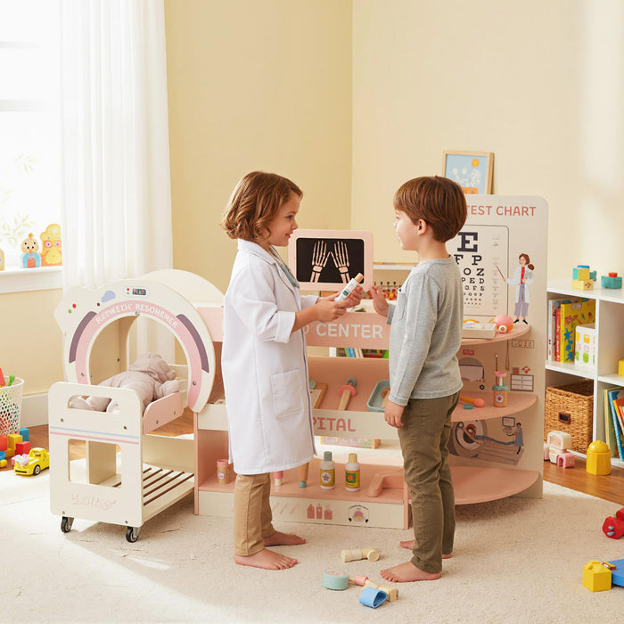 Wooden Pretend Hospital Office Kit with Eye Chart and Toy CT Machine-