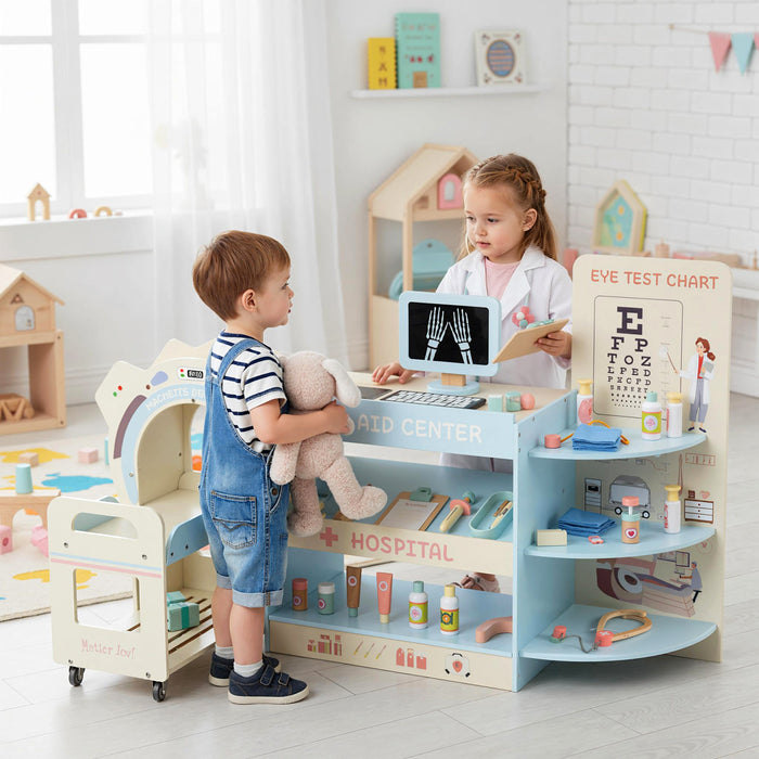 Wooden Pretend Hospital Office Kit with Eye Chart and Toy CT Machine-