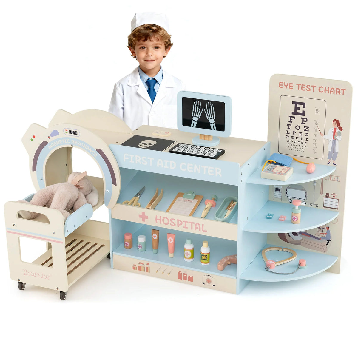 Wooden Pretend Hospital Office Kit with Eye Chart and Toy CT Machine-