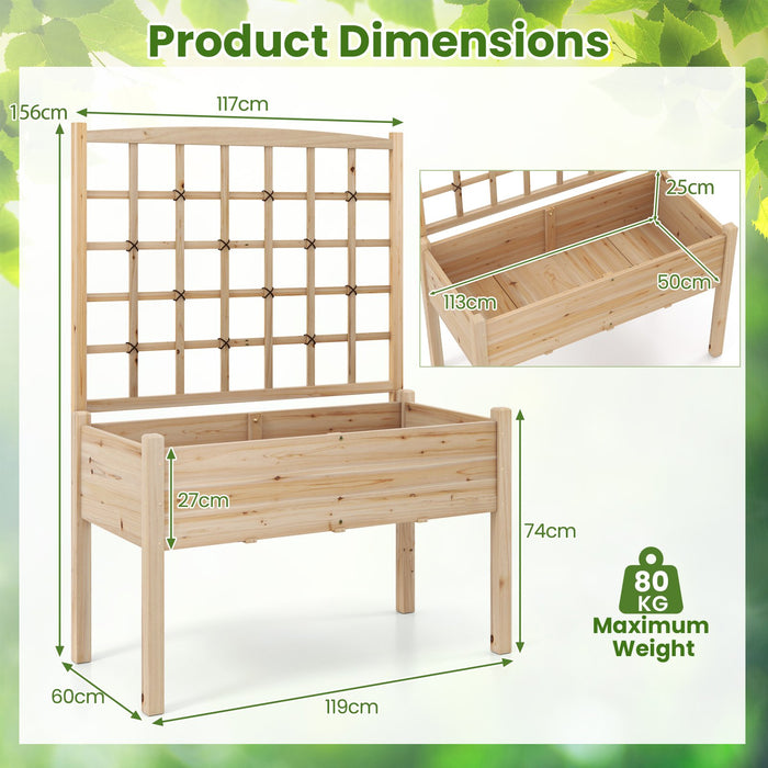 Wooden Raised Garden Bed with Lattice Trellis and Drainage Holes-Natural