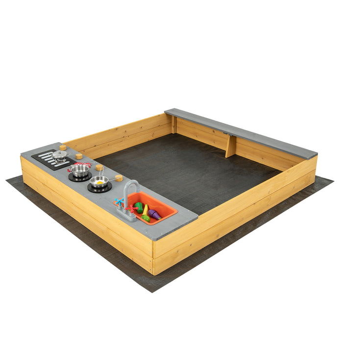 Kids Sandbox - Backyard Garden Sandbox with Kitchen Playset Accessories and Built-in Bench Seat - Ideal Play Structure for Children's Outdoor Fun