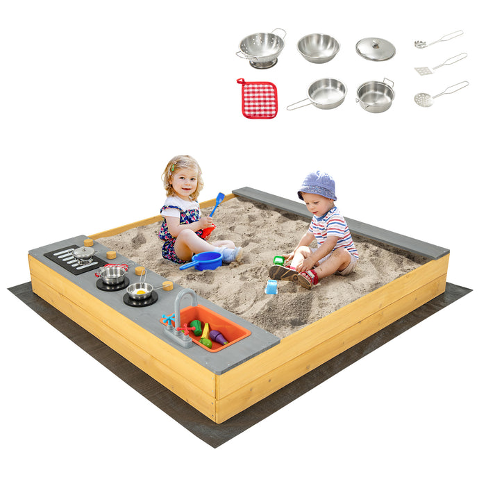 Kids Sandbox - Backyard Garden Sandbox with Kitchen Playset Accessories and Built-in Bench Seat - Ideal Play Structure for Children's Outdoor Fun