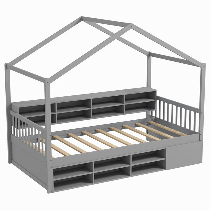 Wooden Single Size House Bed with Roof and 14 Storage Cubes-