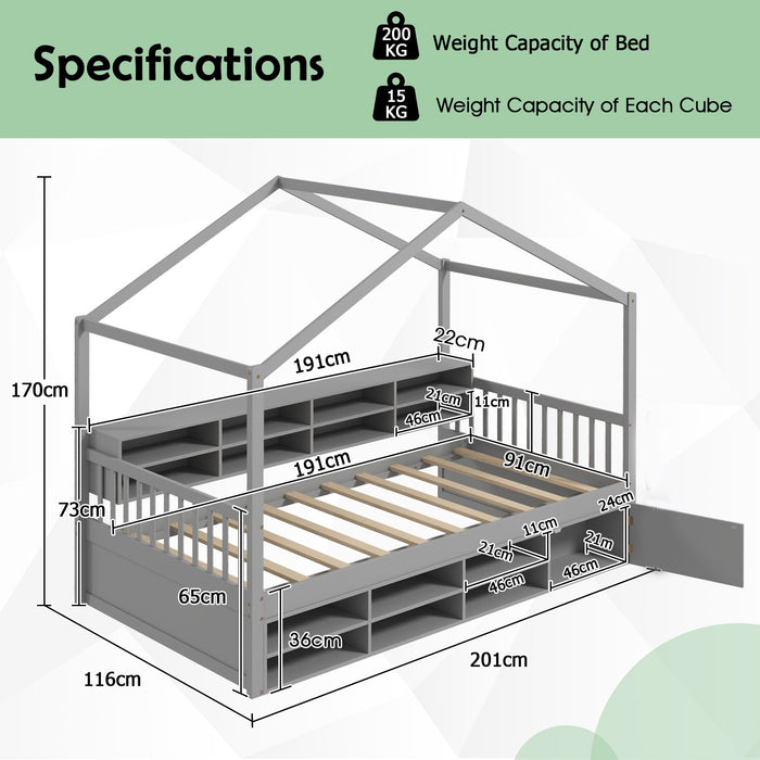Wooden Single Size House Bed with Roof and 14 Storage Cubes-