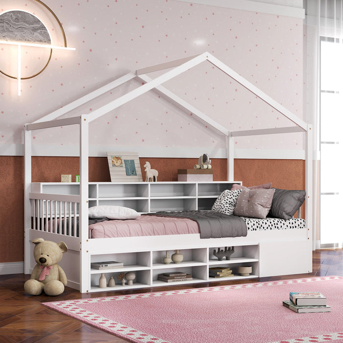 Wooden Single Size House Bed with Roof and 14 Storage Cubes-