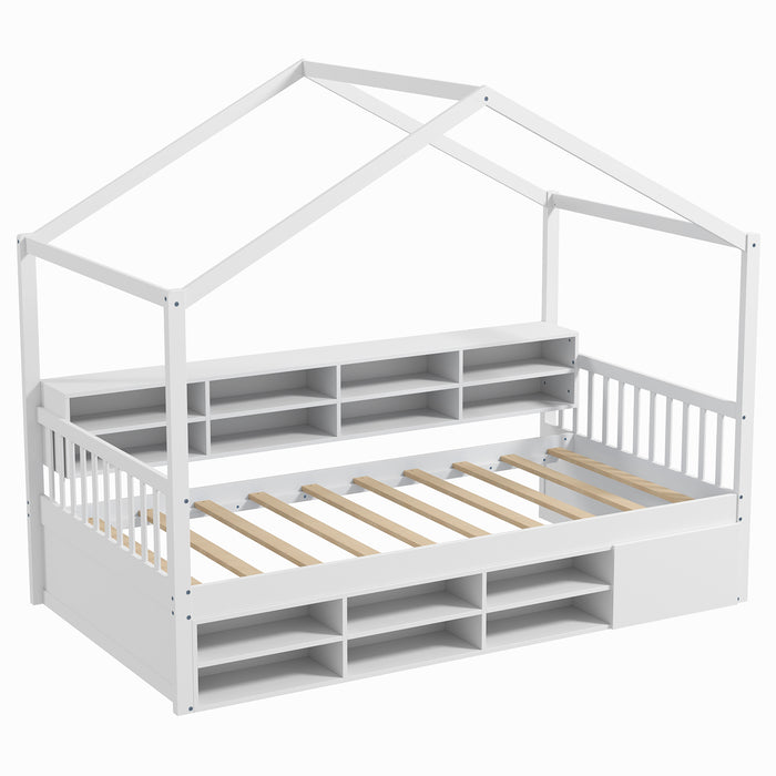 Wooden Single Size House Bed with Roof and 14 Storage Cubes-