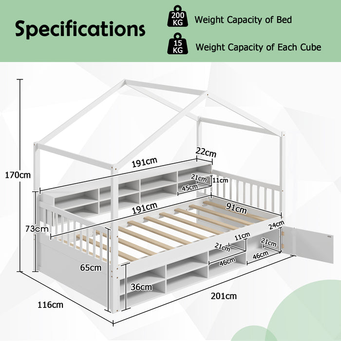 Wooden Single Size House Bed with Roof and 14 Storage Cubes-