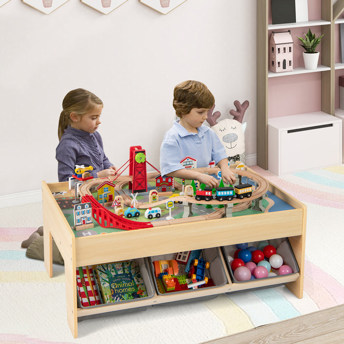 Wooden Train Set Table with 2 Reversible Tabletops and 3 Fabric Drawers-