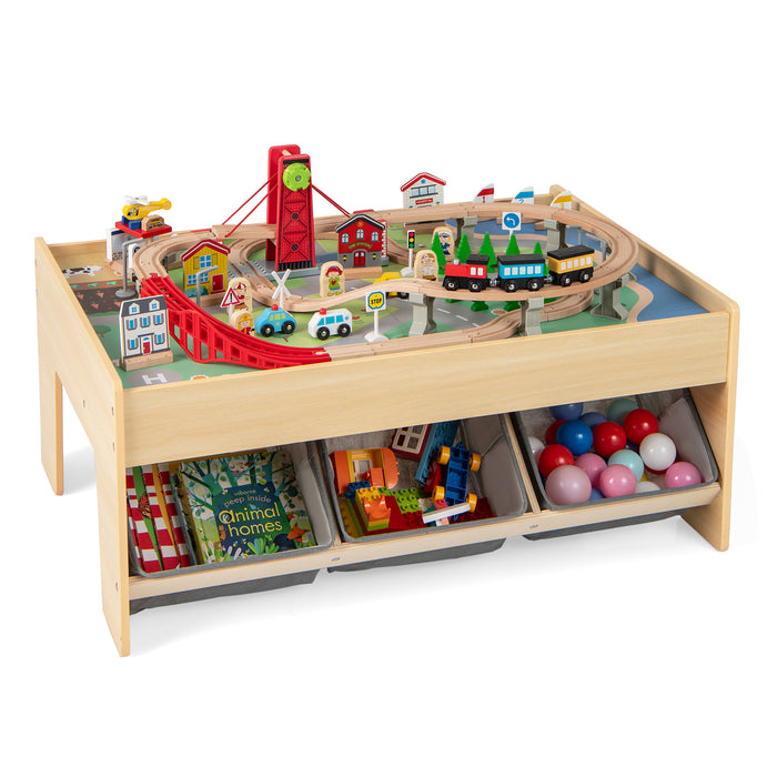 Wooden Train Set Table with 2 Reversible Tabletops and 3 Fabric Drawers-