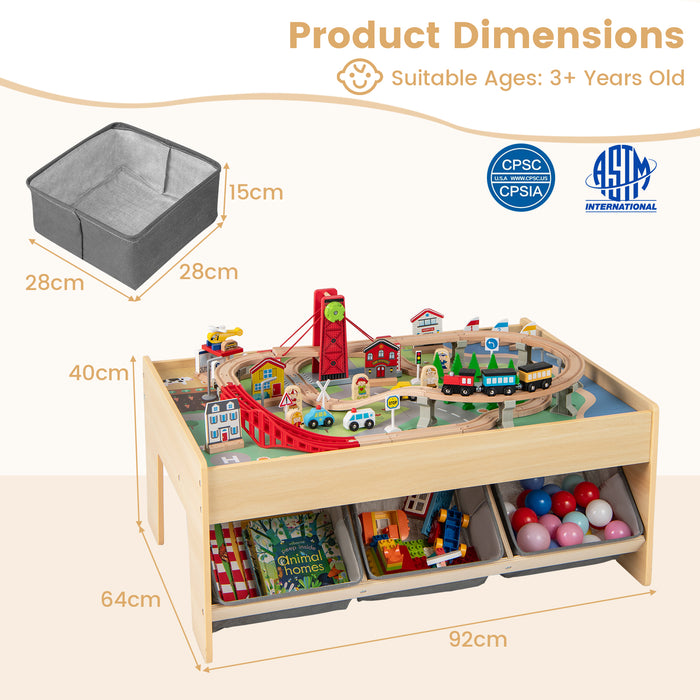 Wooden Train Set Table with 2 Reversible Tabletops and 3 Fabric Drawers-