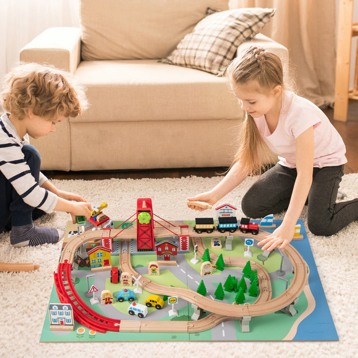 Wooden Train Set Table with 2 Reversible Tabletops and 3 Fabric Drawers-