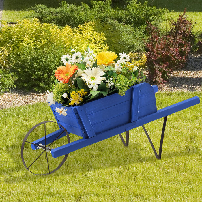 Wooden Wagon Planter Stand Wheelbarrow Flower Cart Garden Decoration-