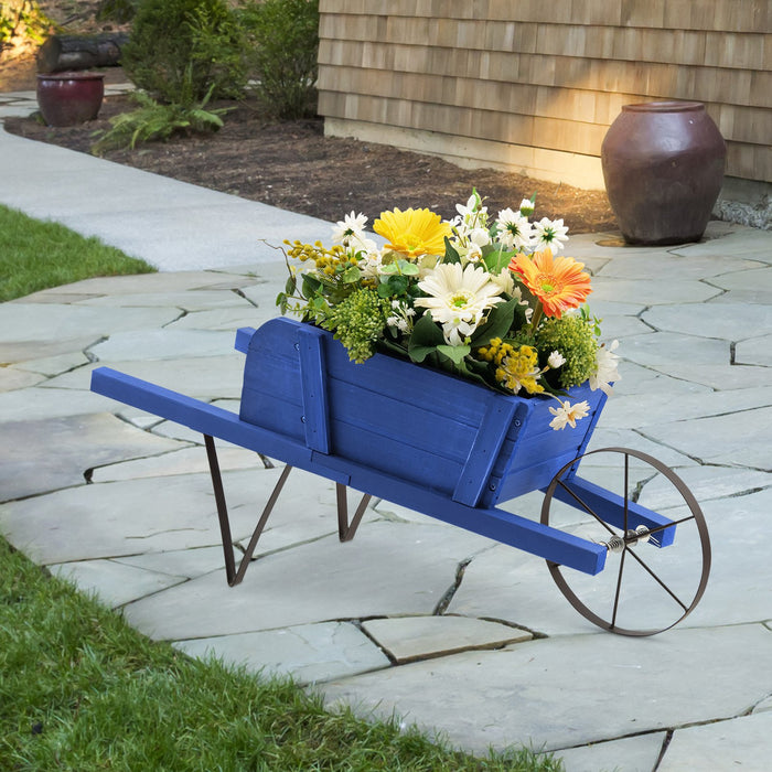 Wooden Wagon Planter Stand Wheelbarrow Flower Cart Garden Decoration-
