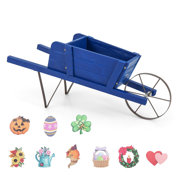 Wooden Wagon Planter Stand Wheelbarrow Flower Cart Garden Decoration-