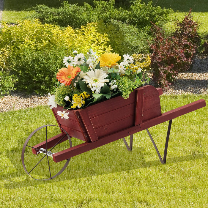 Wooden Wagon Planter Stand Wheelbarrow Flower Cart Garden Decoration-