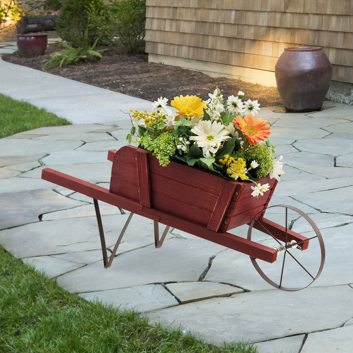 Wooden Wagon Planter Stand Wheelbarrow Flower Cart Garden Decoration-