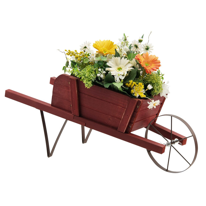 Wooden Wagon Planter Stand Wheelbarrow Flower Cart Garden Decoration-