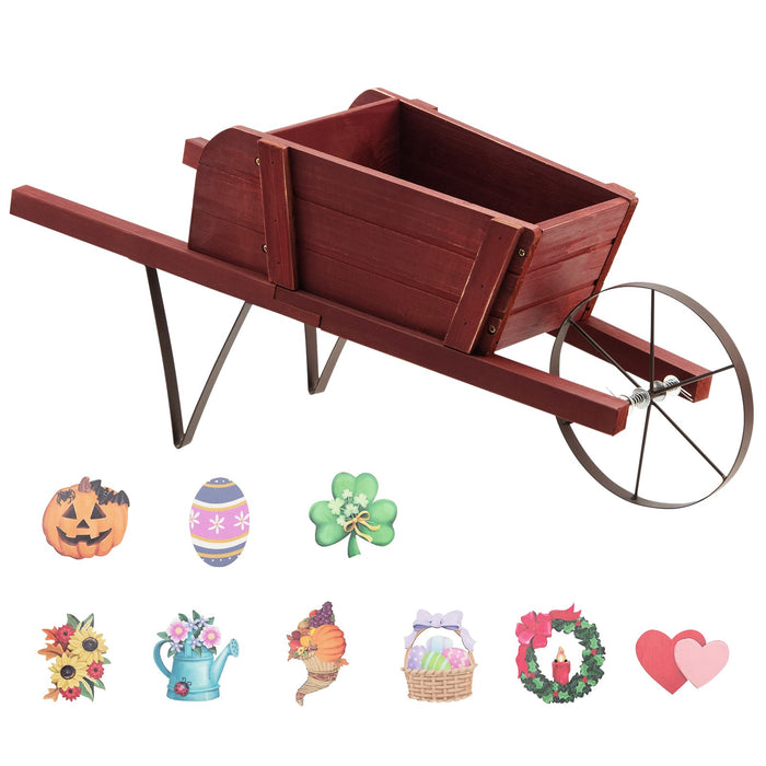 Wooden Wagon Planter Stand Wheelbarrow Flower Cart Garden Decoration-