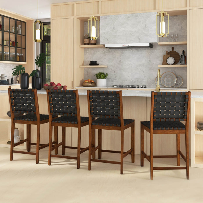 Woven Bar Stools Set of 4 with Faux PU Leather Straps-