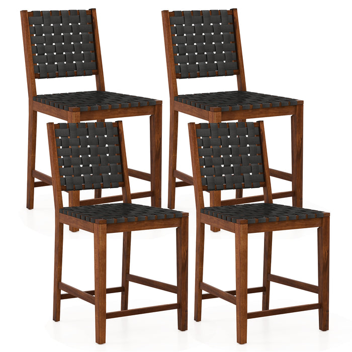 Woven Bar Stools Set of 4 with Faux PU Leather Straps-