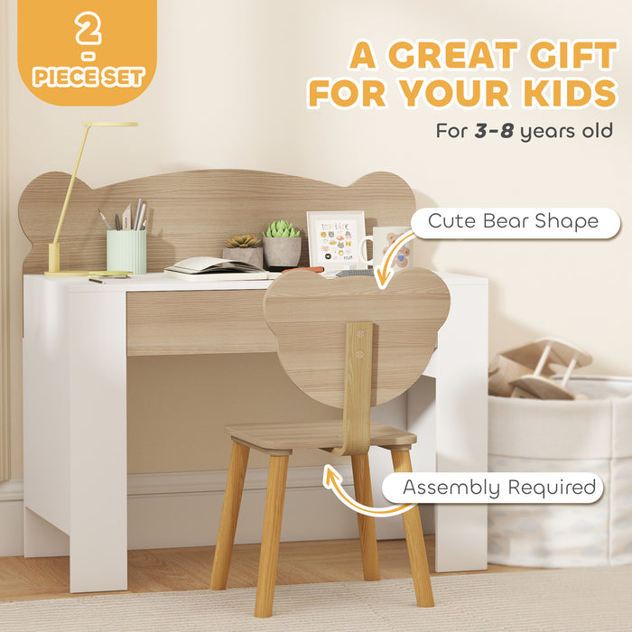 AIYAPLAY Kids Desk and Chair Set with Drawer for Drawing, Reading, Bear Theme Children Furniture for Bedroom, Daycare, Natural