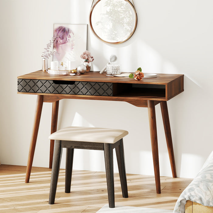 Writing Table with Drawer and Open Compartment Home Office Desk with Rubber Wood Legs-
