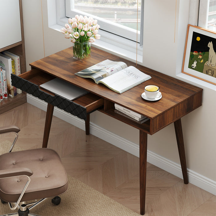 Writing Table with Drawer and Open Compartment Home Office Desk with Rubber Wood Legs-