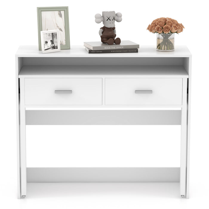 Extendable Writing Desk with Monitor Shelf and Wheels for Home Office-