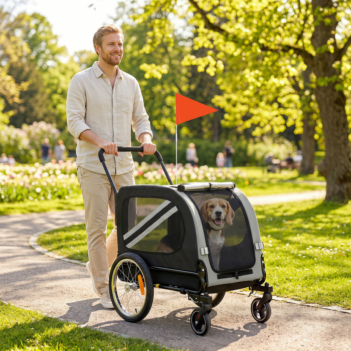 PawHut 2-In-1 Pet Bike Trailer Dog Stroller Pushchair with Universal Wheel Reflector Flag Grey