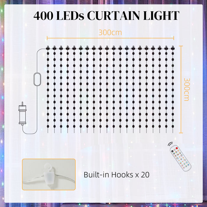 HOMCOM LED Curtain Lights, Smart Curtain Fairy Lights Plug In, Colour Changing Wall Lights with Remote, Dynamic DIY Hanging Window String Lights for Bedroom Living Room Decor, 3x3(m), 400 RGBIC LED