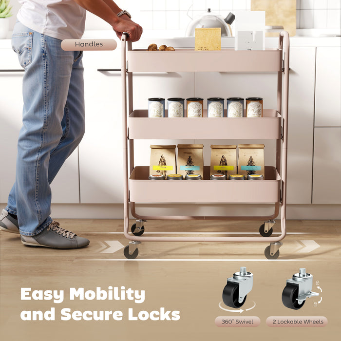 HOMCOM 3-Tier Storage Trolley on Wheels, Rolling Utility Cart with Mesh Backets for Kitchen, Bathroom, Bedroom, Light Pink