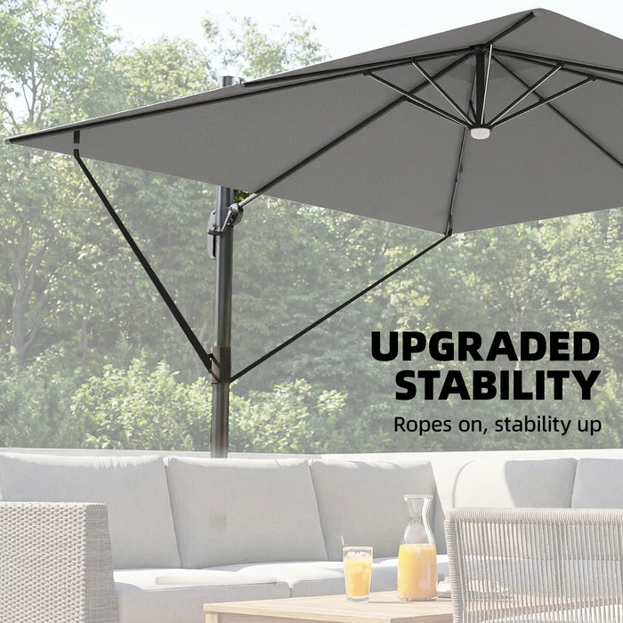 Outsunny 3 x 3 m Garden Cantilever Parasol with Light, Cover, Overhanging Umbrella w/ Wind Protection, 360° Rotation, Light Grey