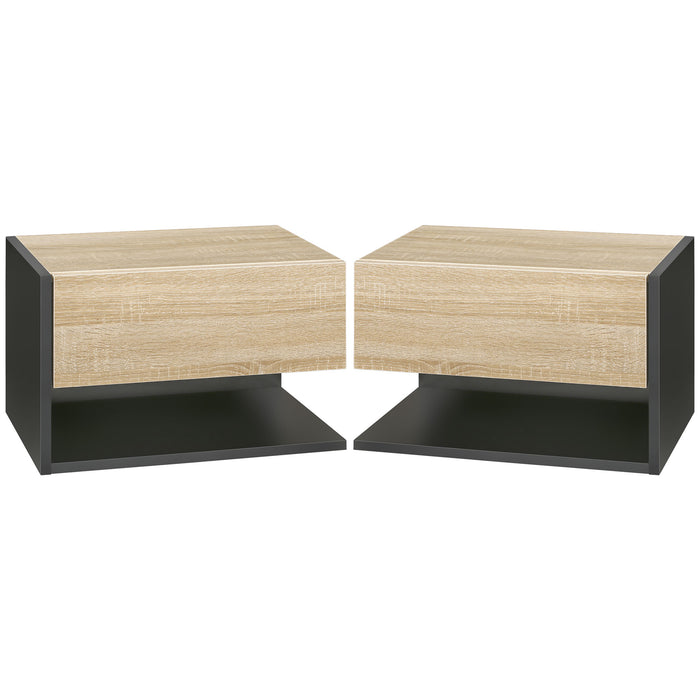 HOMCOM Floating Bedside Table Set of 2, Wall Mounted Bedside Cabinet with Drawer and Open Shelf, Modern Nightstand for Bedroom, 46 x 30 x 30 cm, Oak Tone