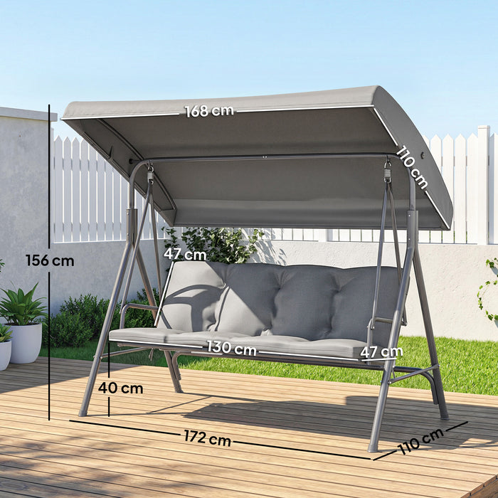 Outsunny 3 Seater Garden Swing Chair, Patio Rocking Bench with Tilting Canopy, Removable Cushion and Steel Frame, Dark Grey