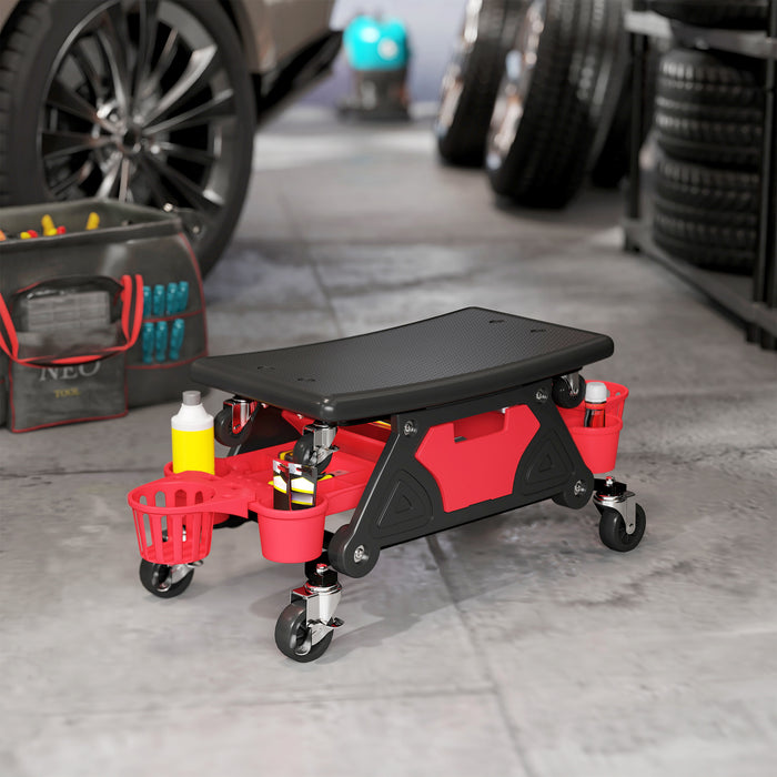 HOMCOM Rolling Mechanic Stool, 135kg Capacity Workshop Stool with 360° Swivel Wheels, Roller Creeper Seat with Slide Out Tool Trays, Drawer, Bottle Holders for Garage, Shop, Auto Repair, Red