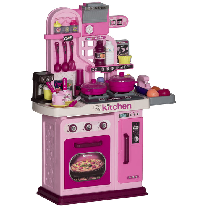 AIYAPLAY Kids Kitchen with 33 Piece Accessories, Lights, Sounds, Storage, for Children 3-6 Years, Pink | Aosom UK
