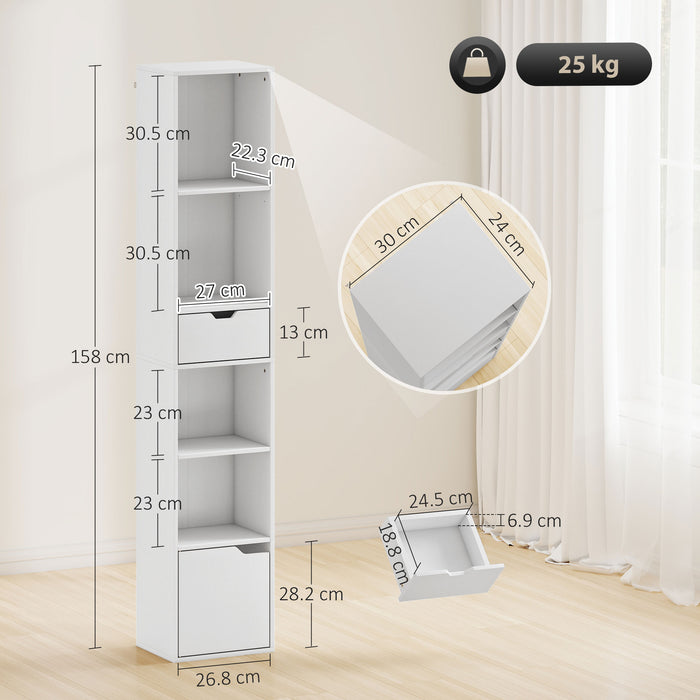 HOMCOM 6-Tier Bookcase, Tall Narrow Bookshelf with Drawer and Door - White