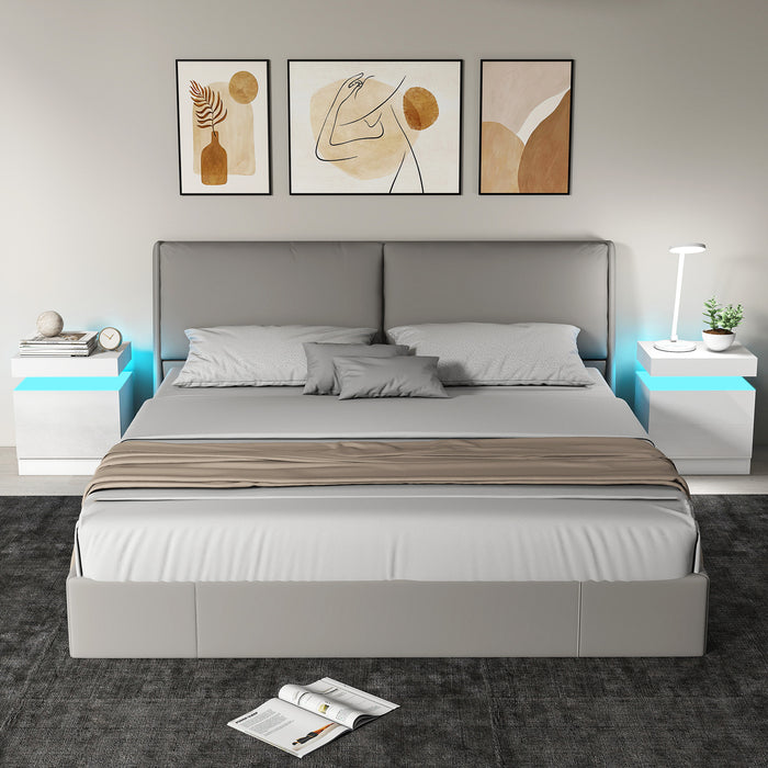 HOMCOM White Bedside Table with LED Light, High Gloss Front Nightstand with 2 Drawers, for Living Room, Bedroom, Set of 2